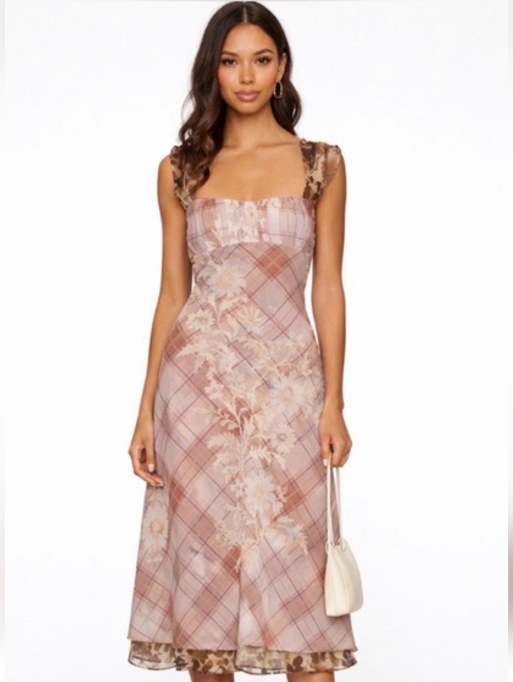 Free People Femme Grunge 90s Y2K Morning Dew Plaid Floral Midi Slip Dress Medium
